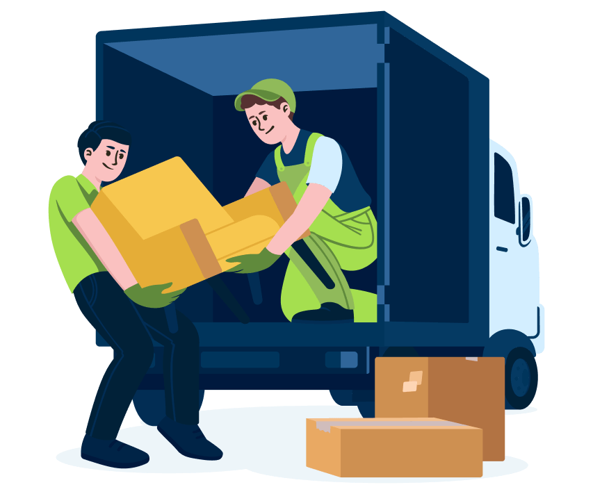 Two movers in uniform, one inside a moving truck and one on the ground, loading cardboard boxes into the back of the truck. Additional boxes are on the ground next to the truck.